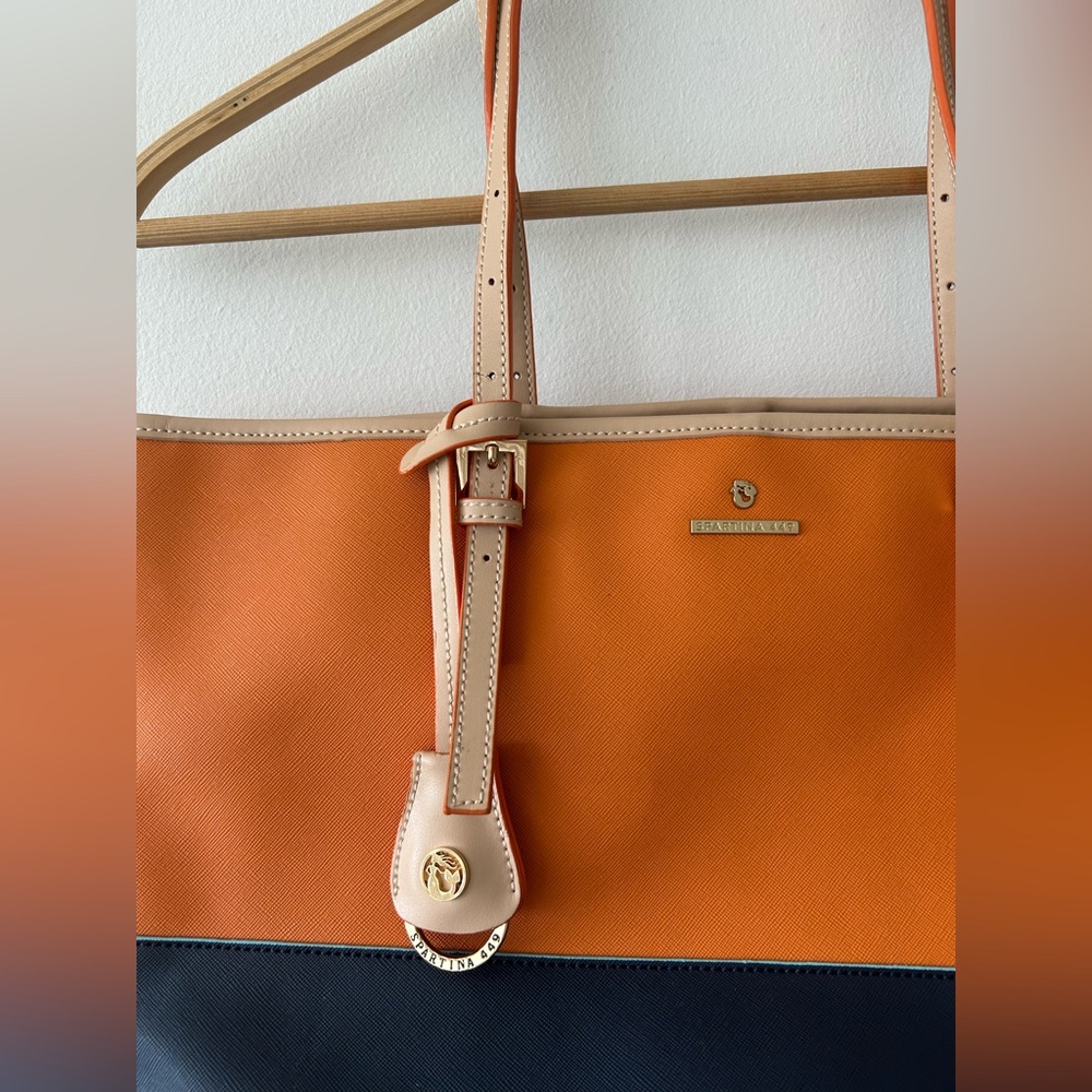 NWOT Spartina 449 Orange Navy Blue Tote Bag with Multi-color Silky Lining - Picture 3 of 15